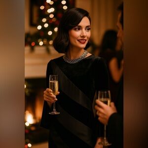 Tahari Black and Gray Velvet Dress with Flared Sleeves